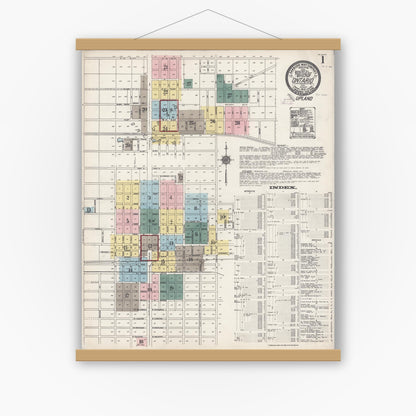 Old map wall art mockup — magnetic wood frame on white wall — Sanborn Fire Insurance Map from Ontario, San Bernardino County, California (1912) - Complete Map Set
