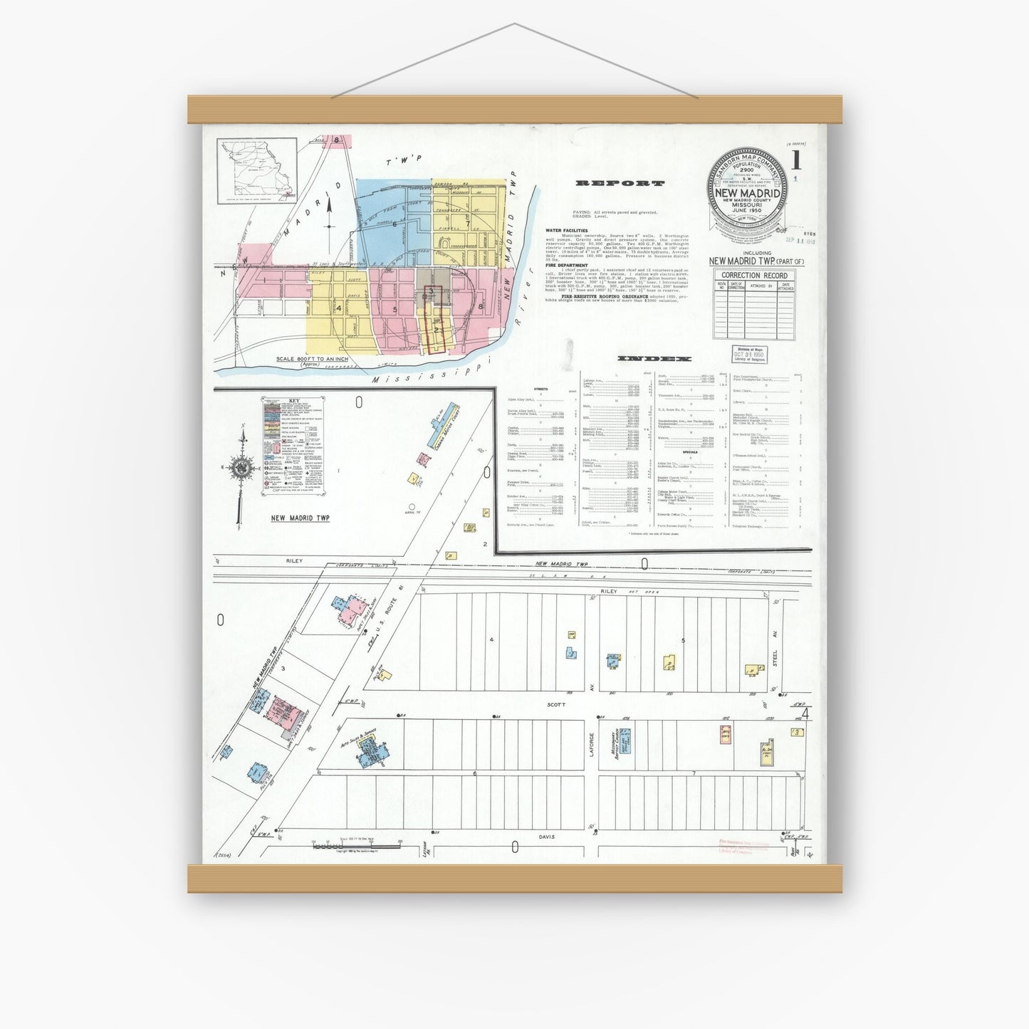 Old map wall art mockup — magnetic wood frame on white wall — Sanborn Fire Insurance Map from New Madrid, New Madrid County, Missouri (1950) - Complete Map Set
