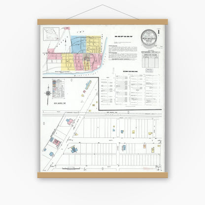 Old map wall art mockup — magnetic wood frame on white wall — Sanborn Fire Insurance Map from New Madrid, New Madrid County, Missouri (1950) - Complete Map Set