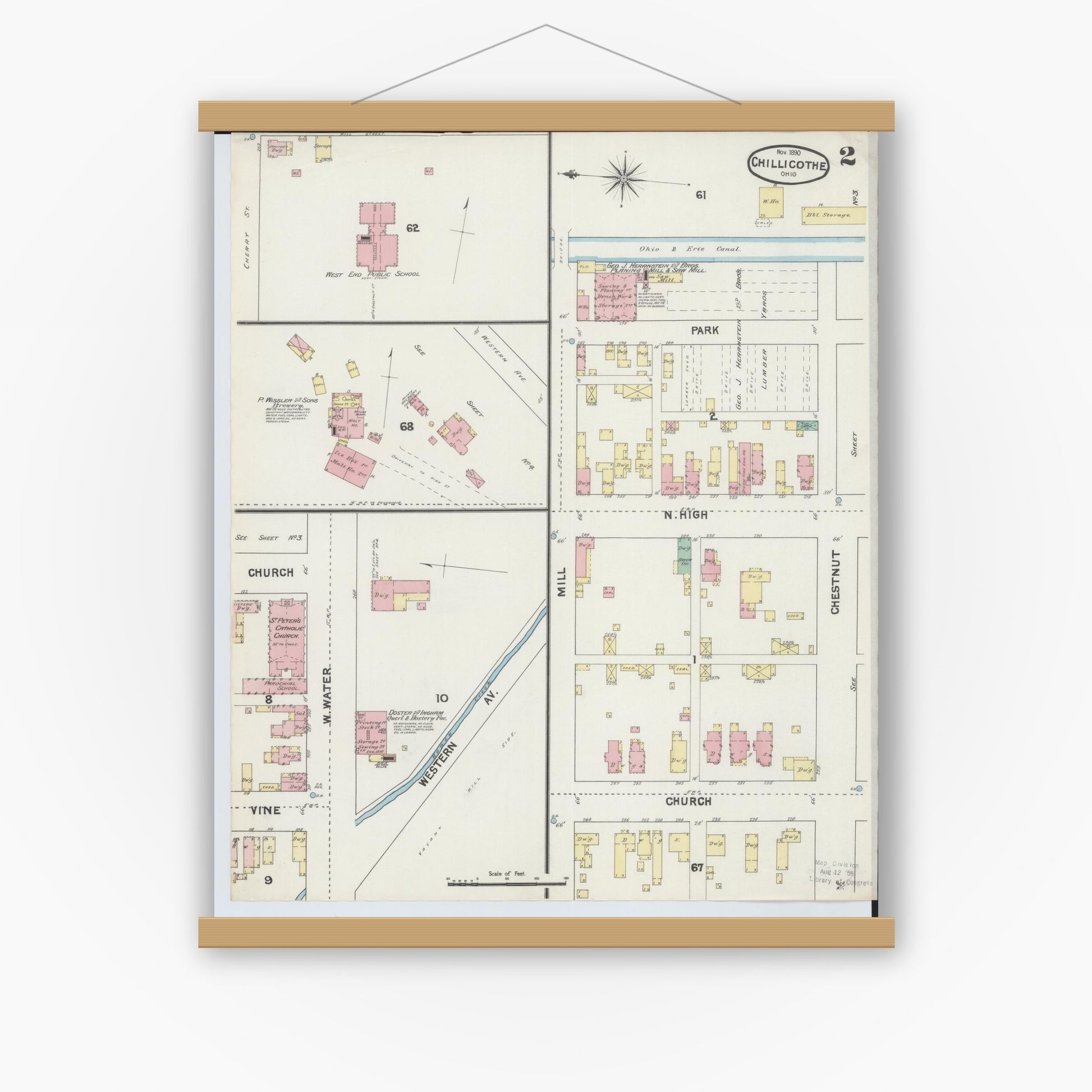 Old map wall art mockup — magnetic wood frame on white wall — Sanborn Fire Insurance Map from Chillicothe, Ross County, Ohio (1890), Sheet #0002