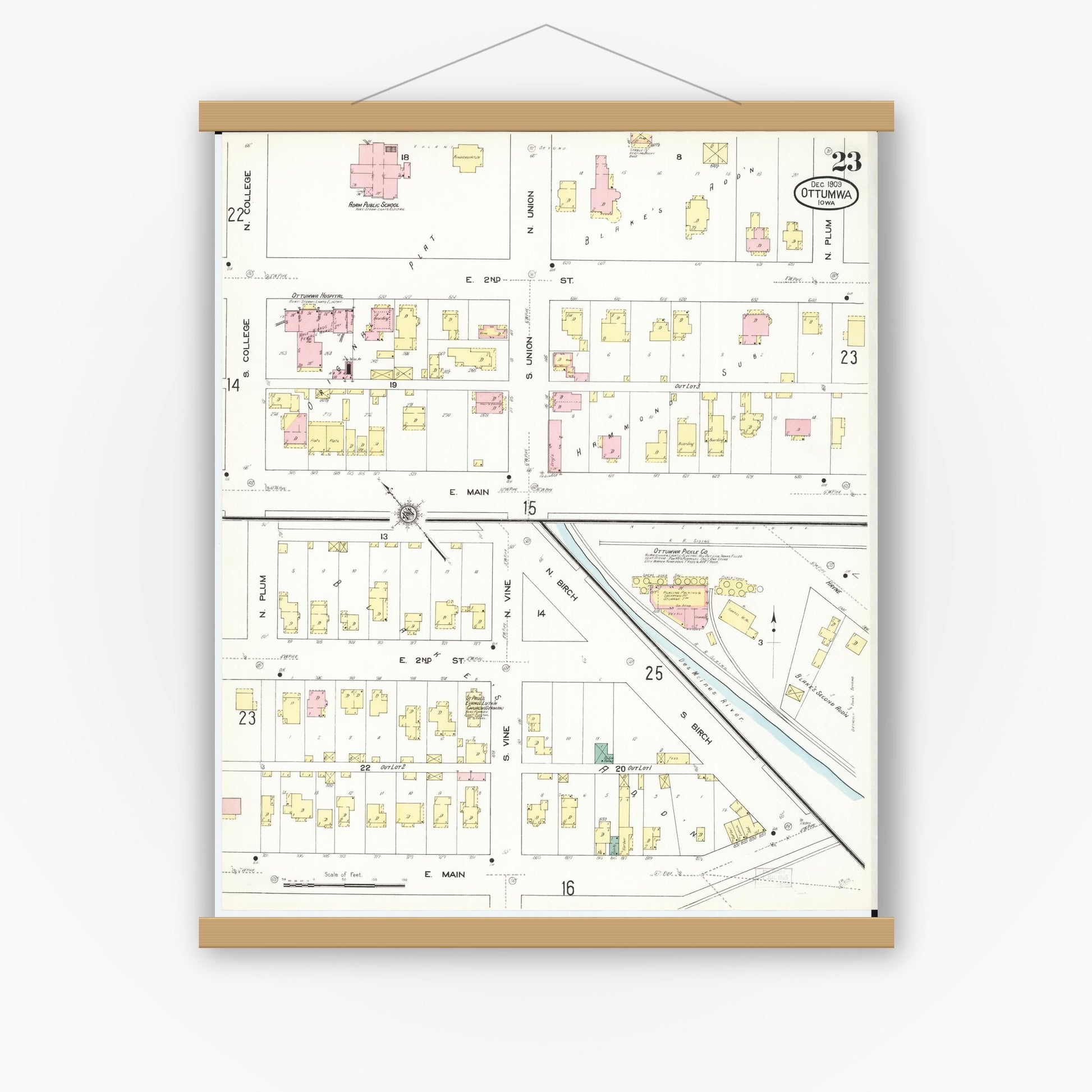 Old map wall art mockup — magnetic wood frame on white wall — Sanborn Fire Insurance Map from Ottumwa, Wapello County, Iowa (1909), Sheet #0023