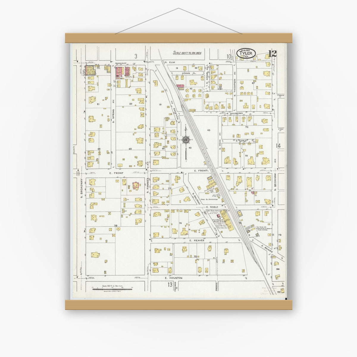 Old map wall art mockup — magnetic wood frame on white wall — Sanborn Fire Insurance Map from Tyler, Smith County, Texas (1919), Sheet #0012