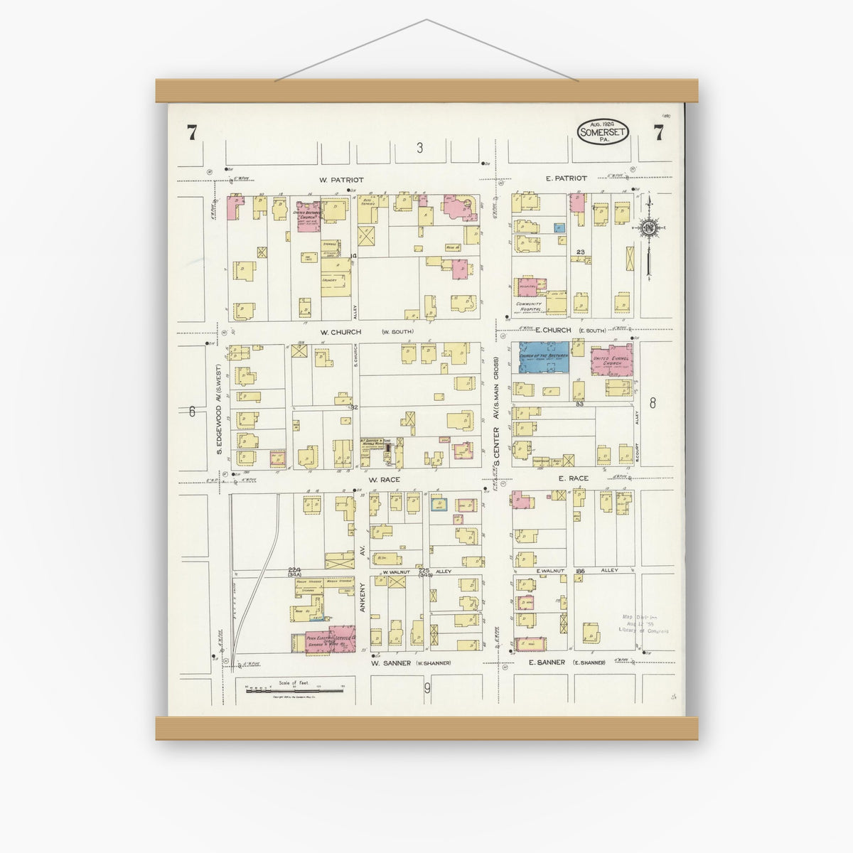 Old map wall art mockup — magnetic wood frame on white wall — Sanborn Fire Insurance Map from Somerset, Somerset County, Pennsylvania (1924), Sheet #0007