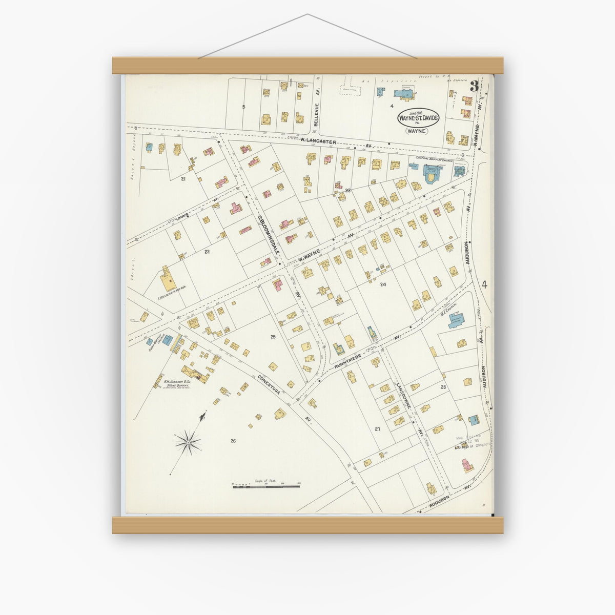 Old map wall art mockup — magnetic wood frame on white wall — Sanborn Fire Insurance Map from Wayne, Delaware County, Pennsylvania (1902), Sheet #0003