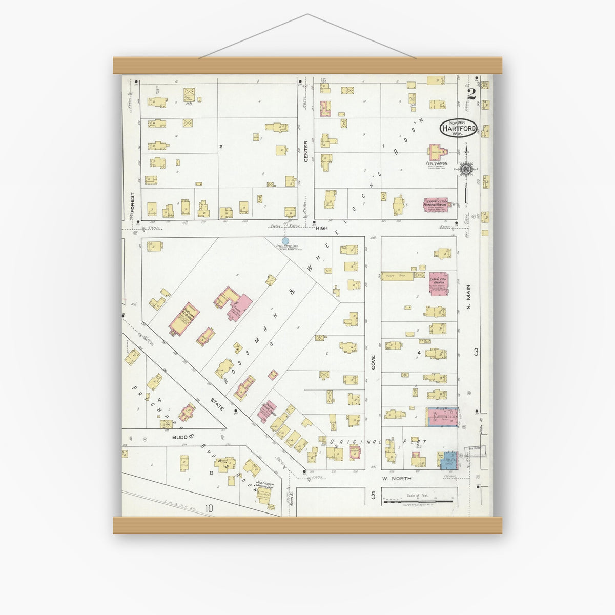 Old map wall art mockup — magnetic wood frame on white wall — Sanborn Fire Insurance Map from Hartford, Washington County, Wisconsin (1918), Sheet #0002