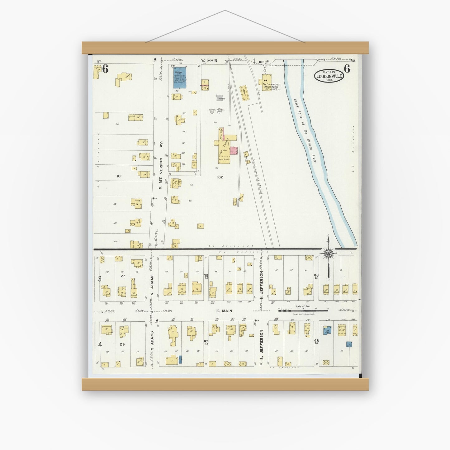 Old map wall art mockup — magnetic wood frame on white wall — Sanborn Fire Insurance Map from Loudonville, Ashland County, Ohio (1924), Sheet #0006
