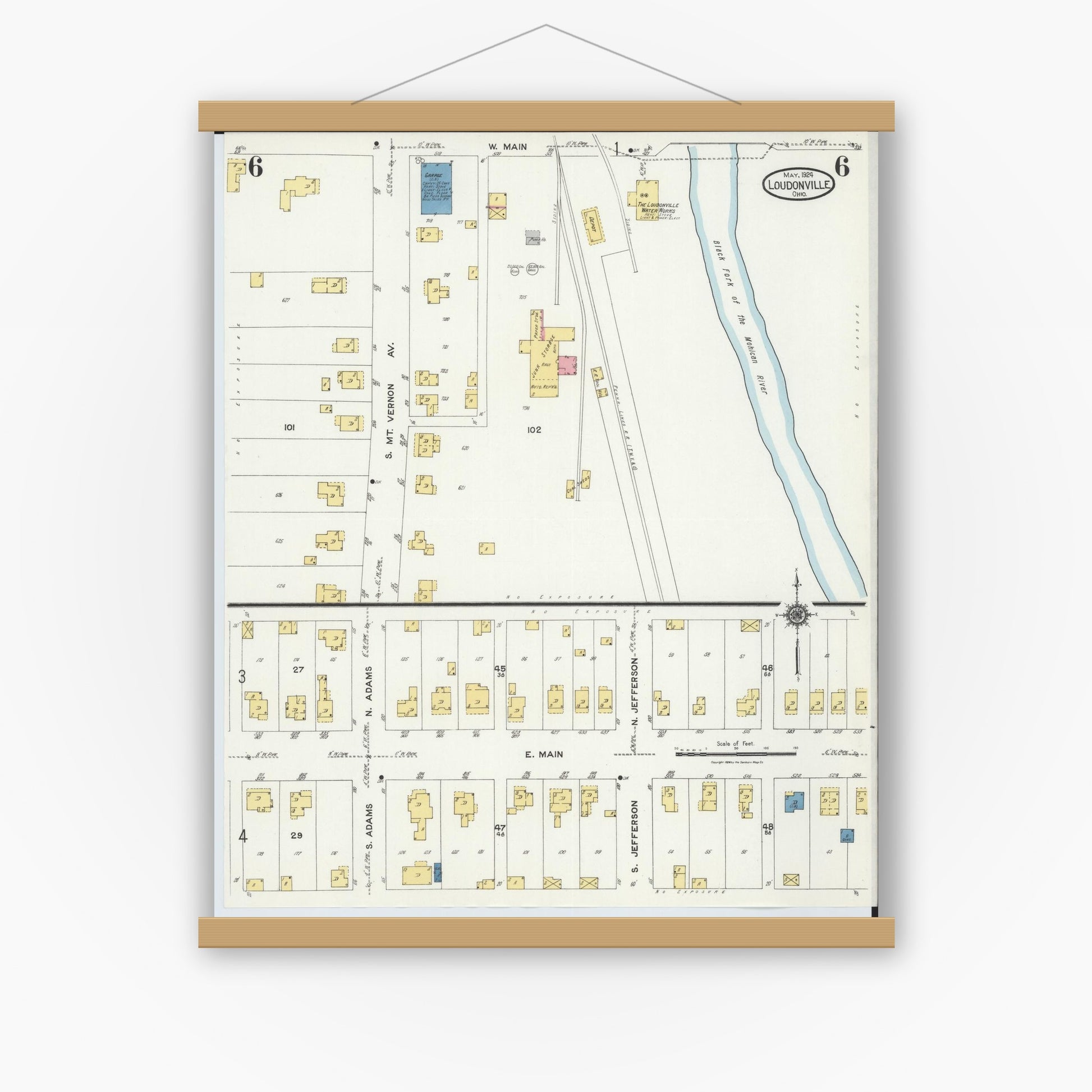 Old map wall art mockup — magnetic wood frame on white wall — Sanborn Fire Insurance Map from Loudonville, Ashland County, Ohio (1924), Sheet #0006