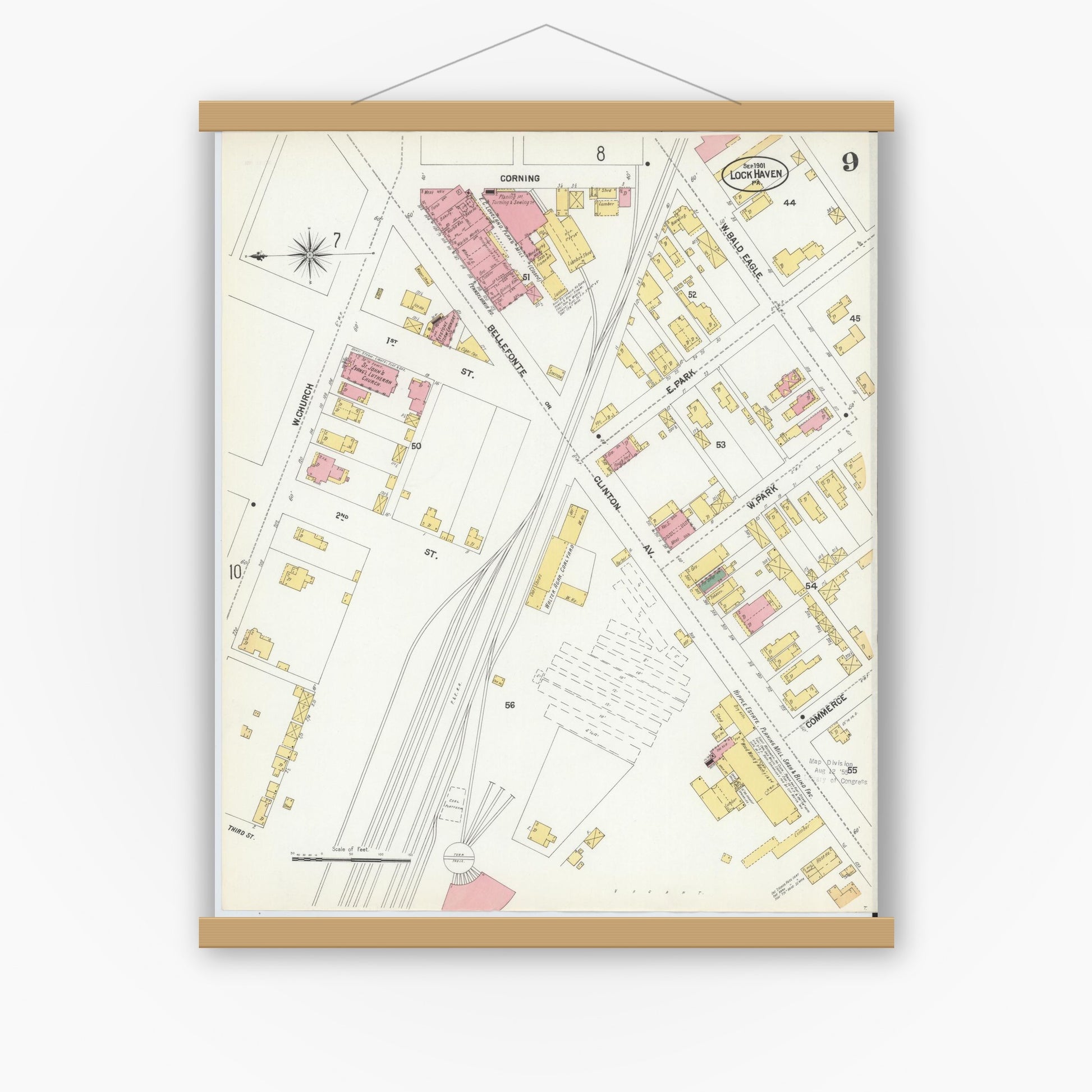 Old map wall art mockup — magnetic wood frame on white wall — Sanborn Fire Insurance Map from Lock Haven, Clinton County, Pennsylvania (1901), Sheet #0009