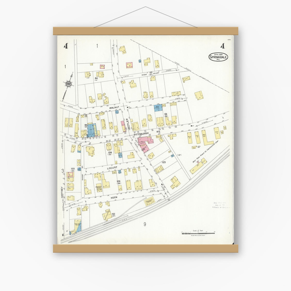 Old map wall art mockup — magnetic wood frame on white wall — Sanborn Fire Insurance Map from Springdale, Allegheny County, Pennsylvania (1924), Sheet #0004
