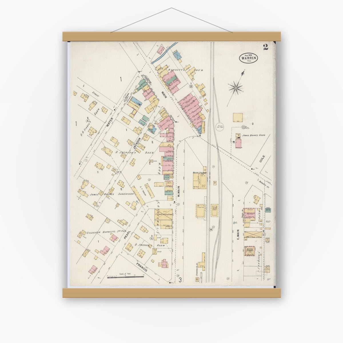 Old map wall art mockup — magnetic wood frame on white wall — Sanborn Fire Insurance Map from Warren, Jo Daviess County, Illinois (1898), Sheet #0002