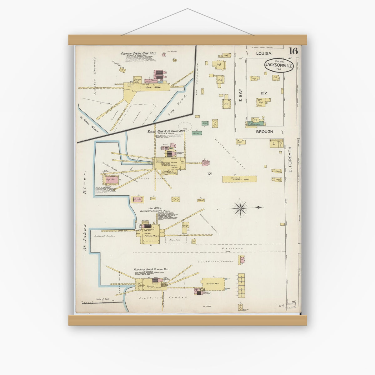Old map wall art mockup — magnetic wood frame on white wall — Sanborn Fire Insurance Map from Jacksonville, Duval County, Florida (1887), Sheet #0016
