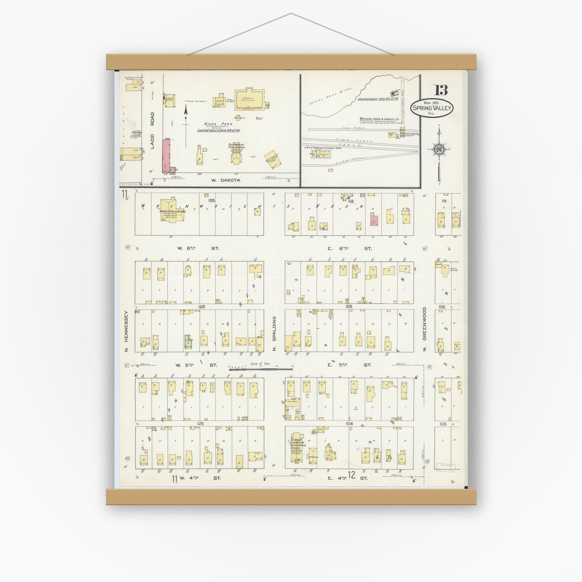 Old map wall art mockup — magnetic wood frame on white wall — Sanborn Fire Insurance Map from Spring Valley, Bureau County, Illinois (1913), Sheet #0013