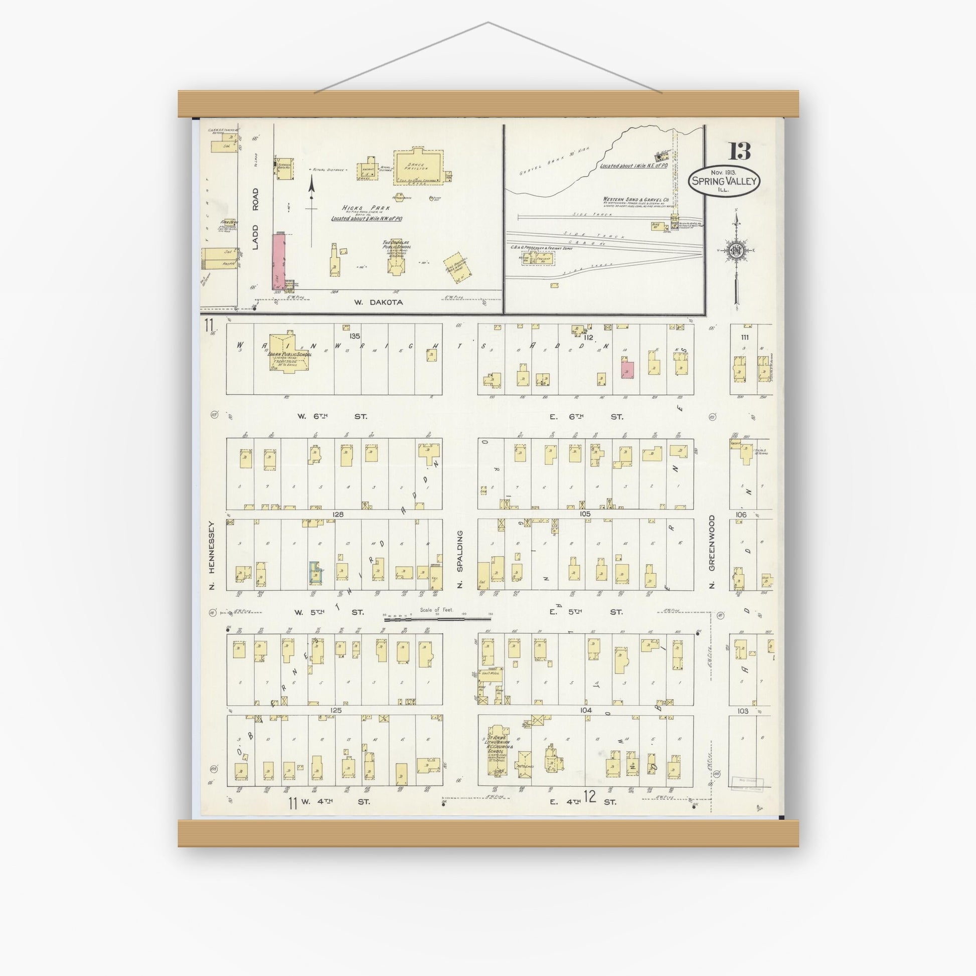 Old map wall art mockup — magnetic wood frame on white wall — Sanborn Fire Insurance Map from Spring Valley, Bureau County, Illinois (1913), Sheet #0013