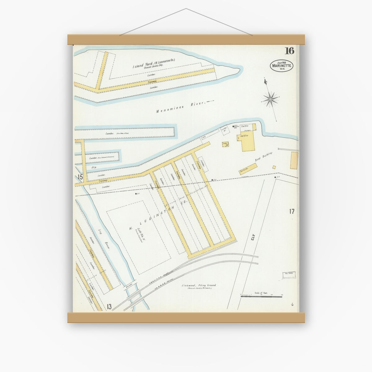 Old map wall art mockup — magnetic wood frame on white wall — Sanborn Fire Insurance Map from Marinette, Marinette County, Wisconsin (1901), Sheet #0016