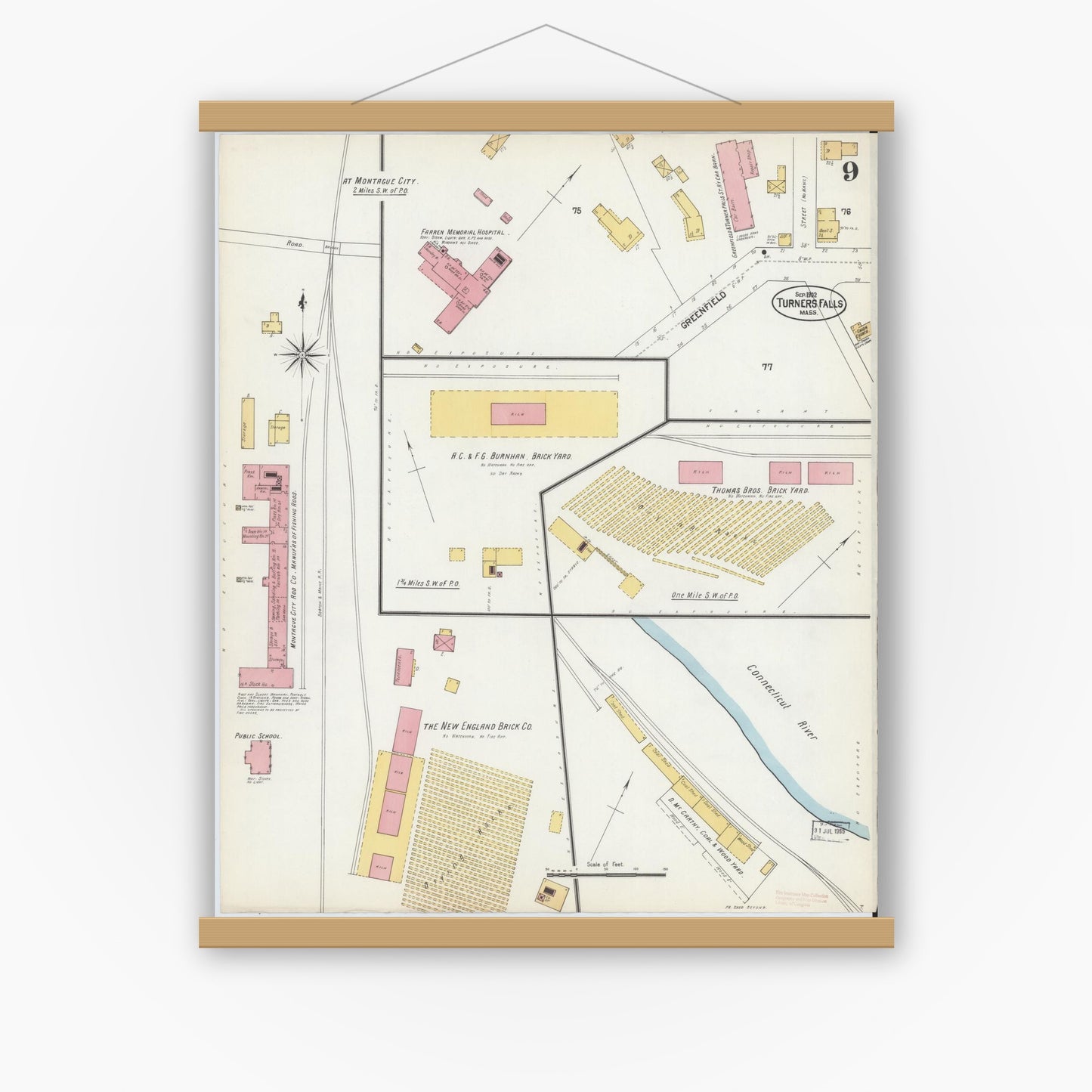 Old map wall art mockup — magnetic wood frame on white wall — Sanborn Fire Insurance Map from Turners Falls, Franklin County, Massachusetts (1902), Sheet #0009