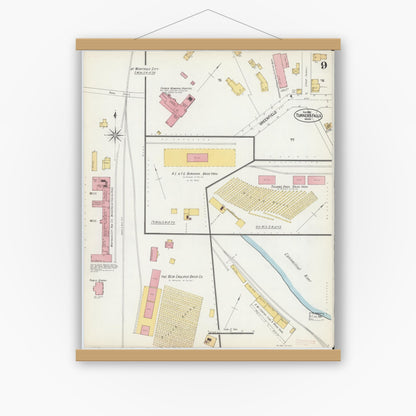 Old map wall art mockup — magnetic wood frame on white wall — Sanborn Fire Insurance Map from Turners Falls, Franklin County, Massachusetts (1902), Sheet #0009