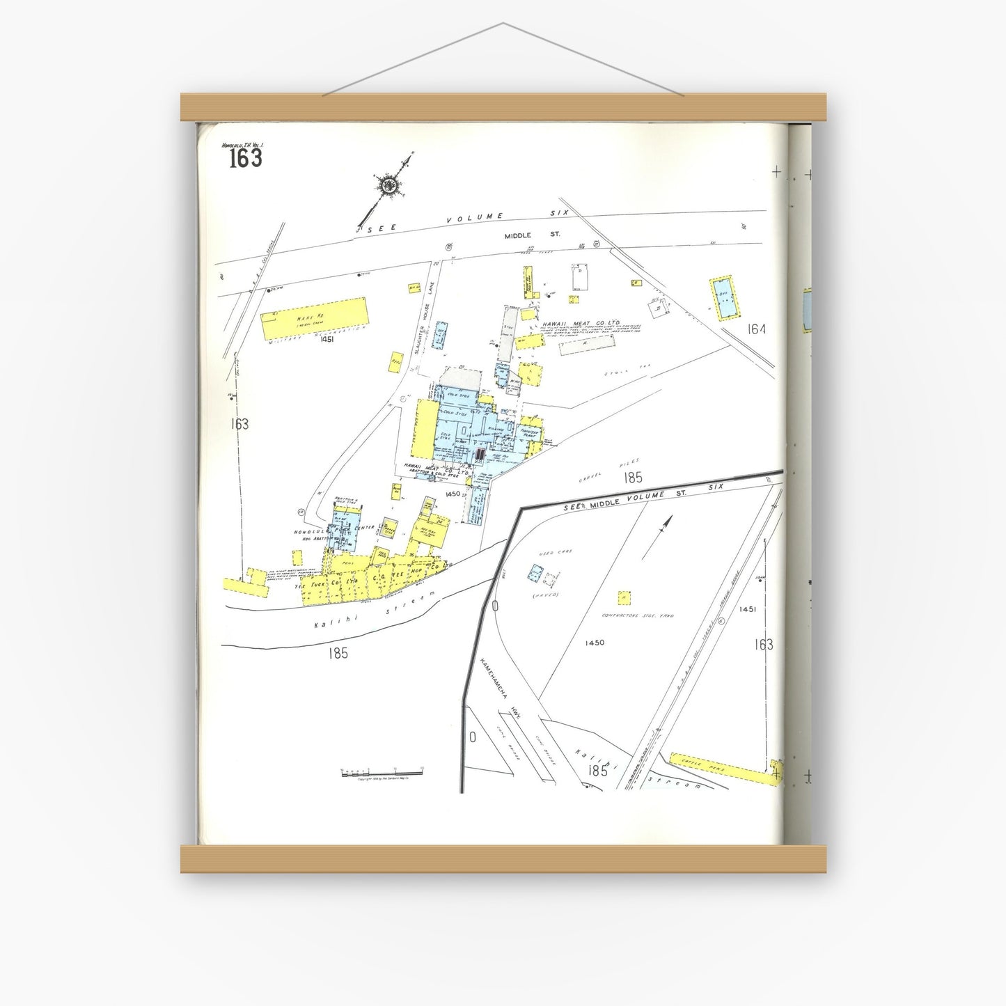 Old map wall art mockup — magnetic wood frame on white wall — Sanborn Fire Insurance Map from Honolulu, Oahu County, Hawaii (1955), Sheet #0163