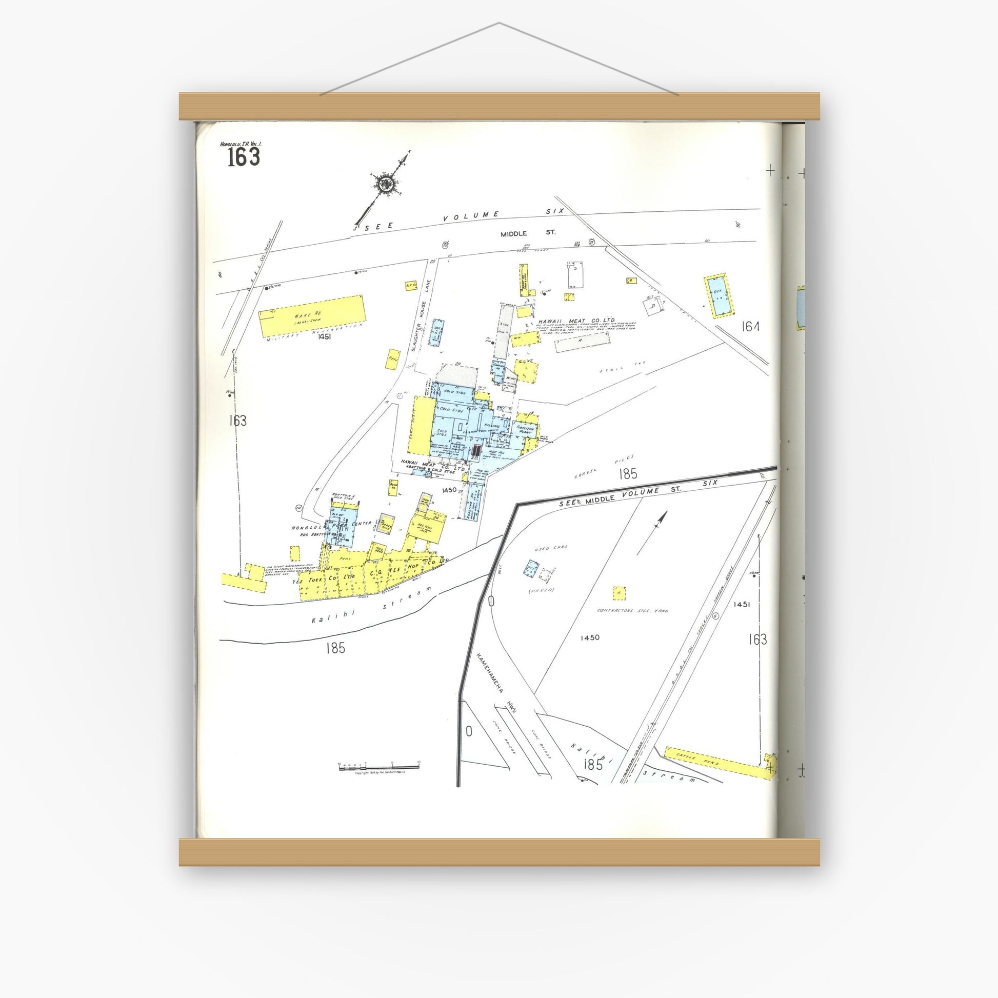Old map wall art mockup — magnetic wood frame on white wall — Sanborn Fire Insurance Map from Honolulu, Oahu County, Hawaii (1955), Sheet #0163