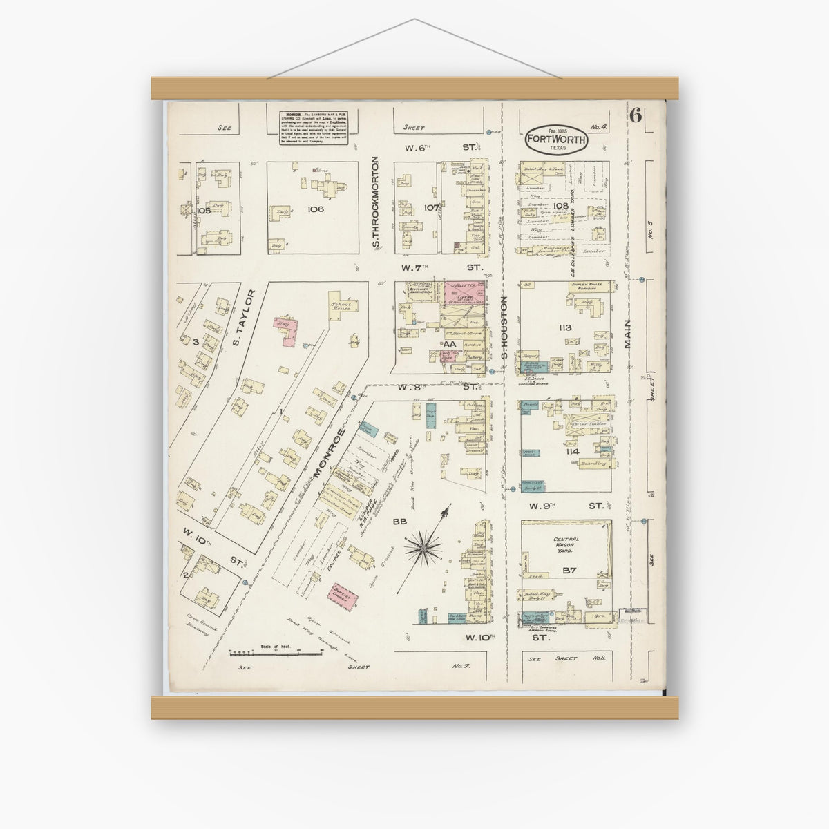 Old map wall art mockup — magnetic wood frame on white wall — Sanborn Fire Insurance Map from Fort Worth, Tarrant County, Texas (1885), Sheet #0006