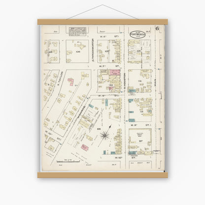 Old map wall art mockup — magnetic wood frame on white wall — Sanborn Fire Insurance Map from Fort Worth, Tarrant County, Texas (1885), Sheet #0006
