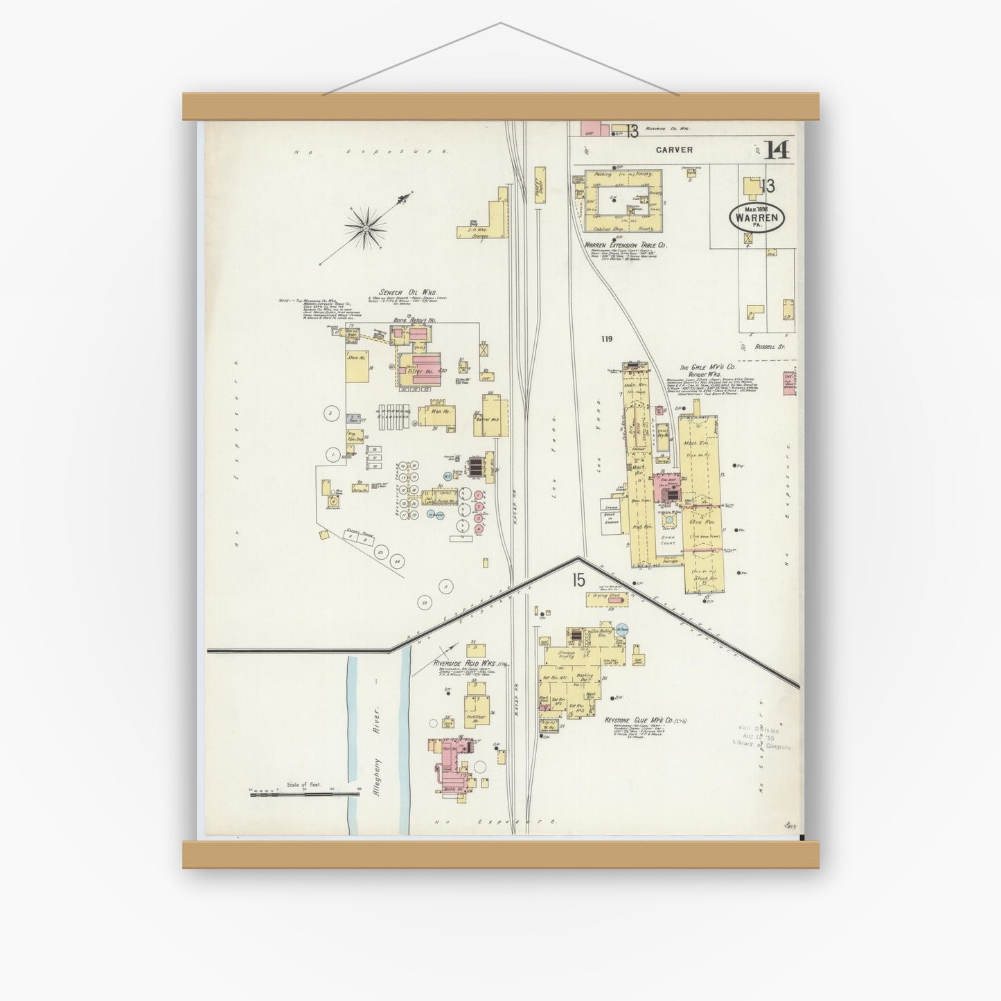 Old map wall art mockup — magnetic wood frame on white wall — Sanborn Fire Insurance Map from Warren, Warren County, Pennsylvania (1898), Sheet #0014