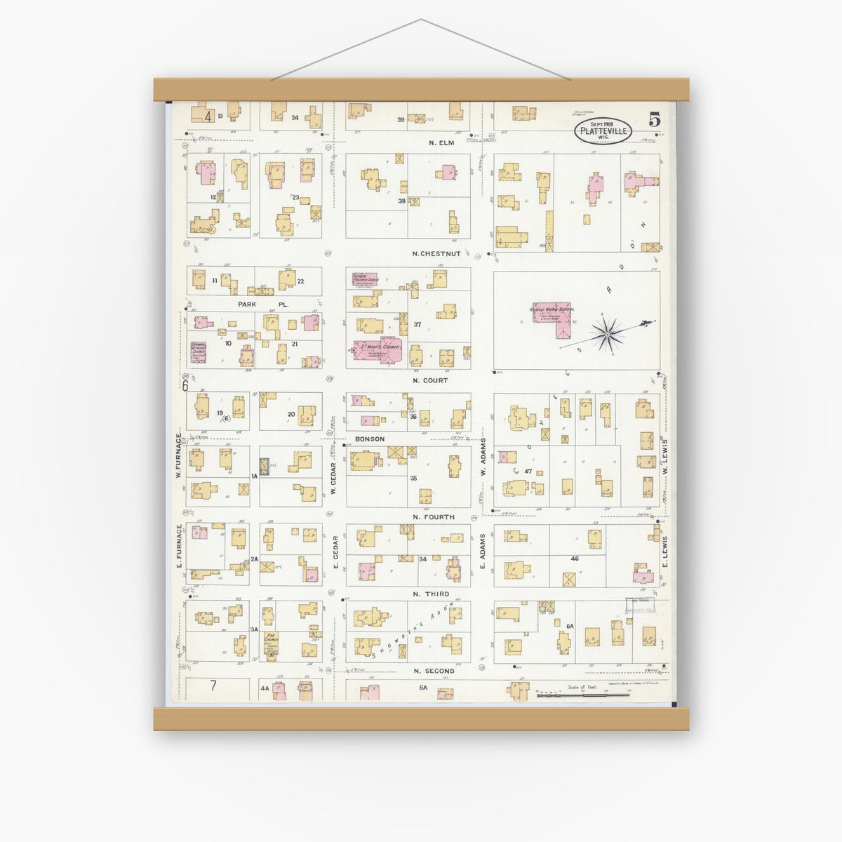 Old map wall art mockup — magnetic wood frame on white wall — Sanborn Fire Insurance Map from Platteville, Grant County, Wisconsin (1908), Sheet #0005