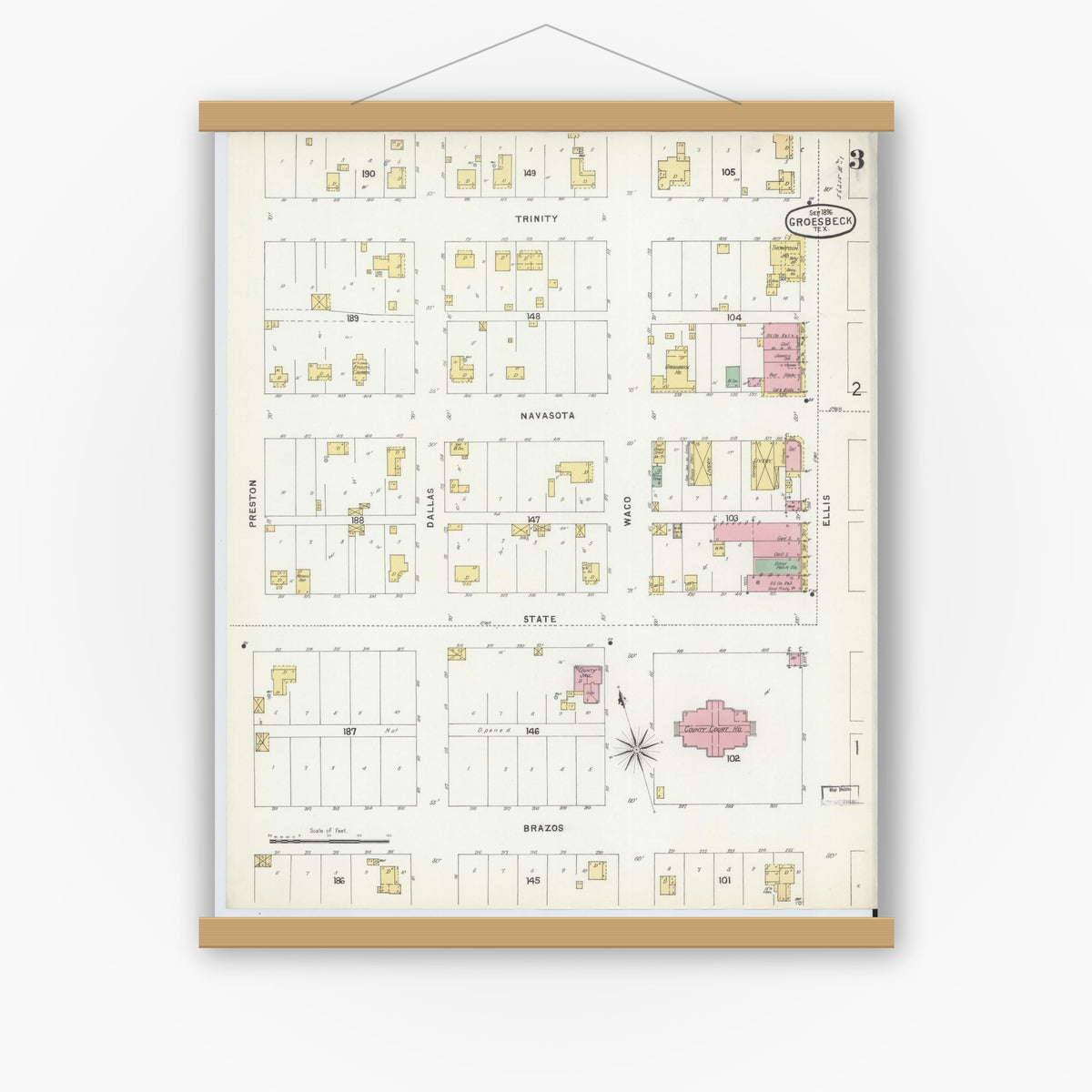 Old map wall art mockup — magnetic wood frame on white wall — Sanborn Fire Insurance Map from Groesbeck, Limestone County, Texas (1896), Sheet #0003