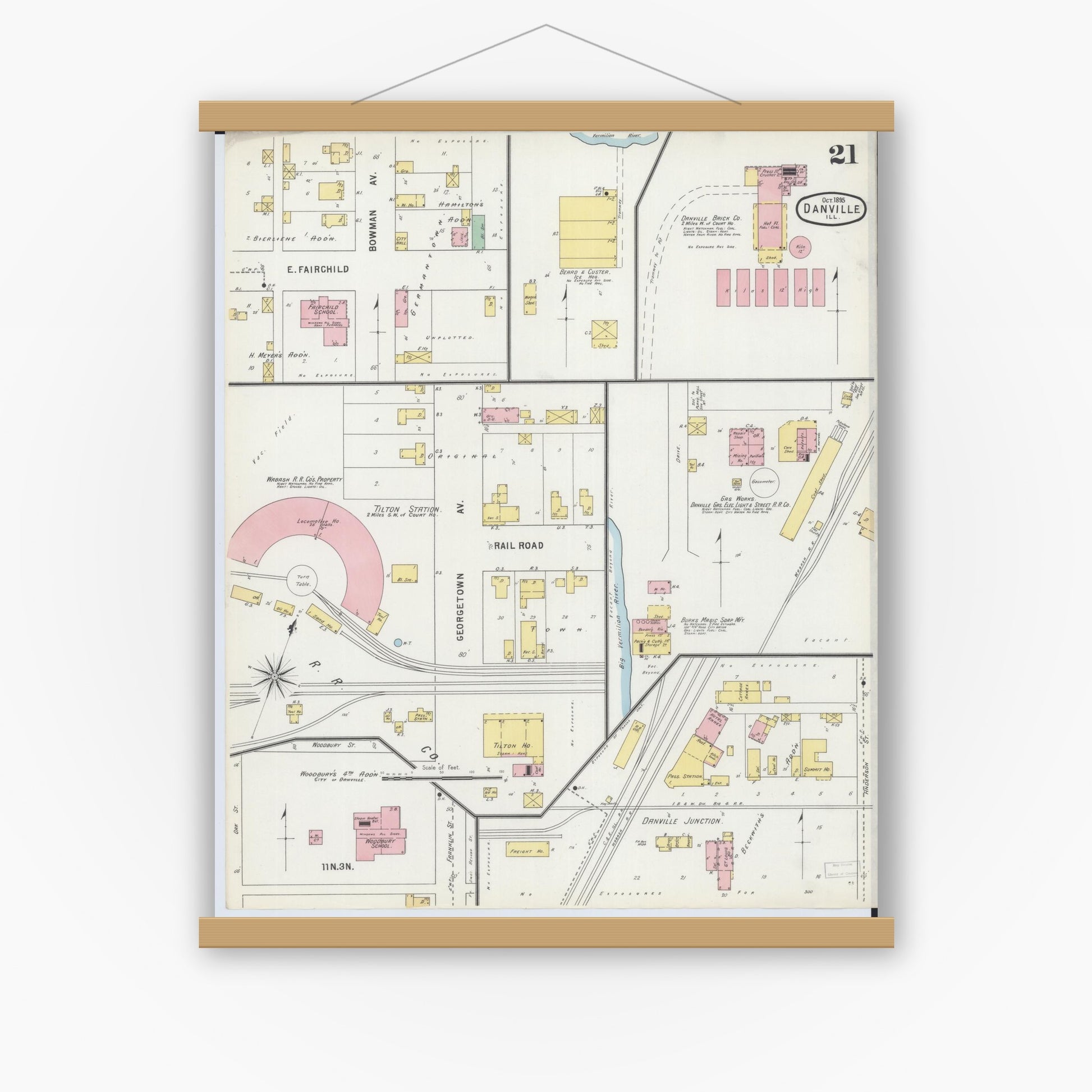 Old map wall art mockup — magnetic wood frame on white wall — Sanborn Fire Insurance Map from Danville, Vermilion County, Illinois (1895), Sheet #0021