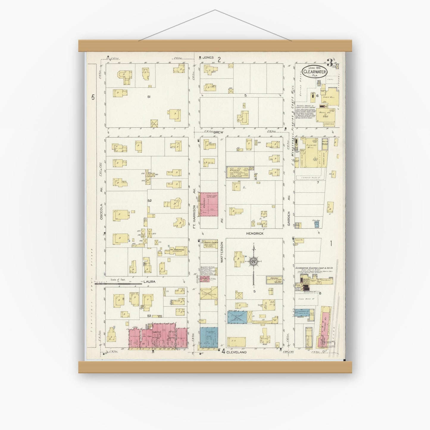 Old map wall art mockup — magnetic wood frame on white wall — Sanborn Fire Insurance Map from Clearwater, Pinellas County, Florida (1913), Sheet #0003