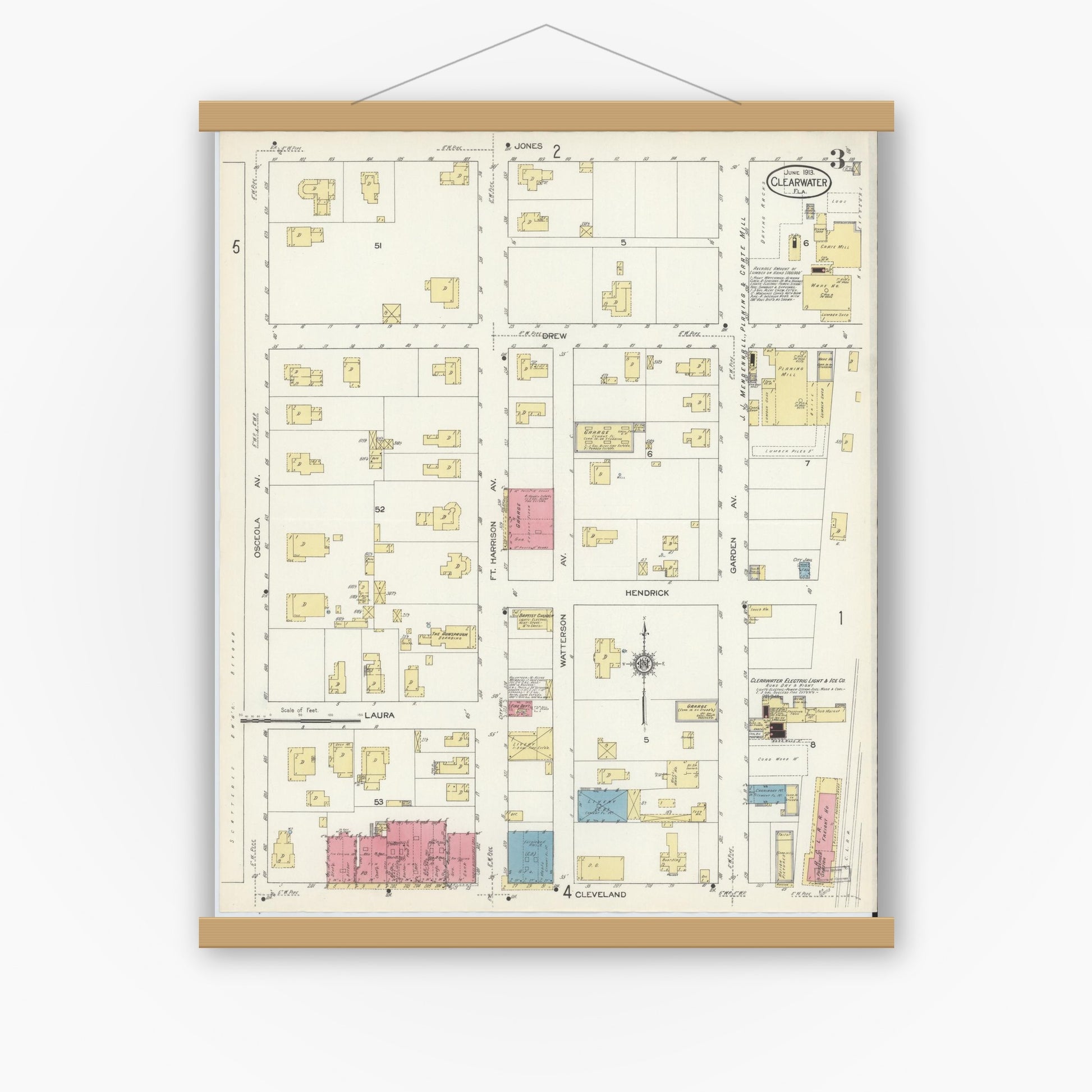 Old map wall art mockup — magnetic wood frame on white wall — Sanborn Fire Insurance Map from Clearwater, Pinellas County, Florida (1913), Sheet #0003