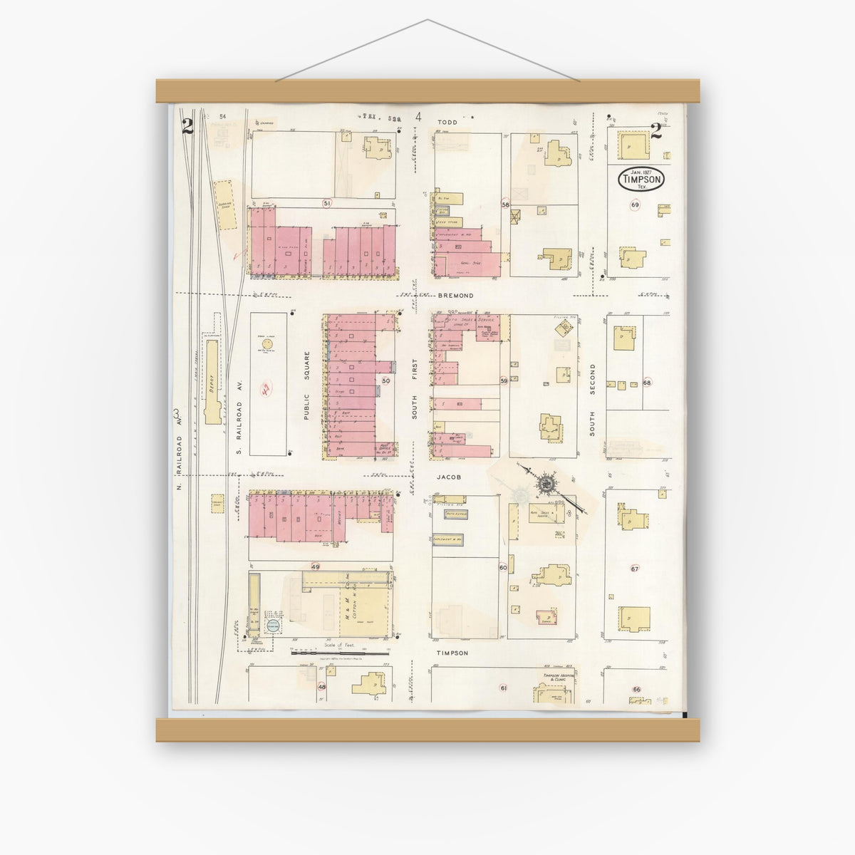 Old map wall art mockup — magnetic wood frame on white wall — Sanborn Fire Insurance Map from Timpson, Shelby County, Texas (1941), Sheet #0002