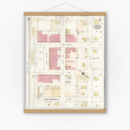 Old map wall art mockup — magnetic wood frame on white wall — Sanborn Fire Insurance Map from Timpson, Shelby County, Texas (1941), Sheet #0002