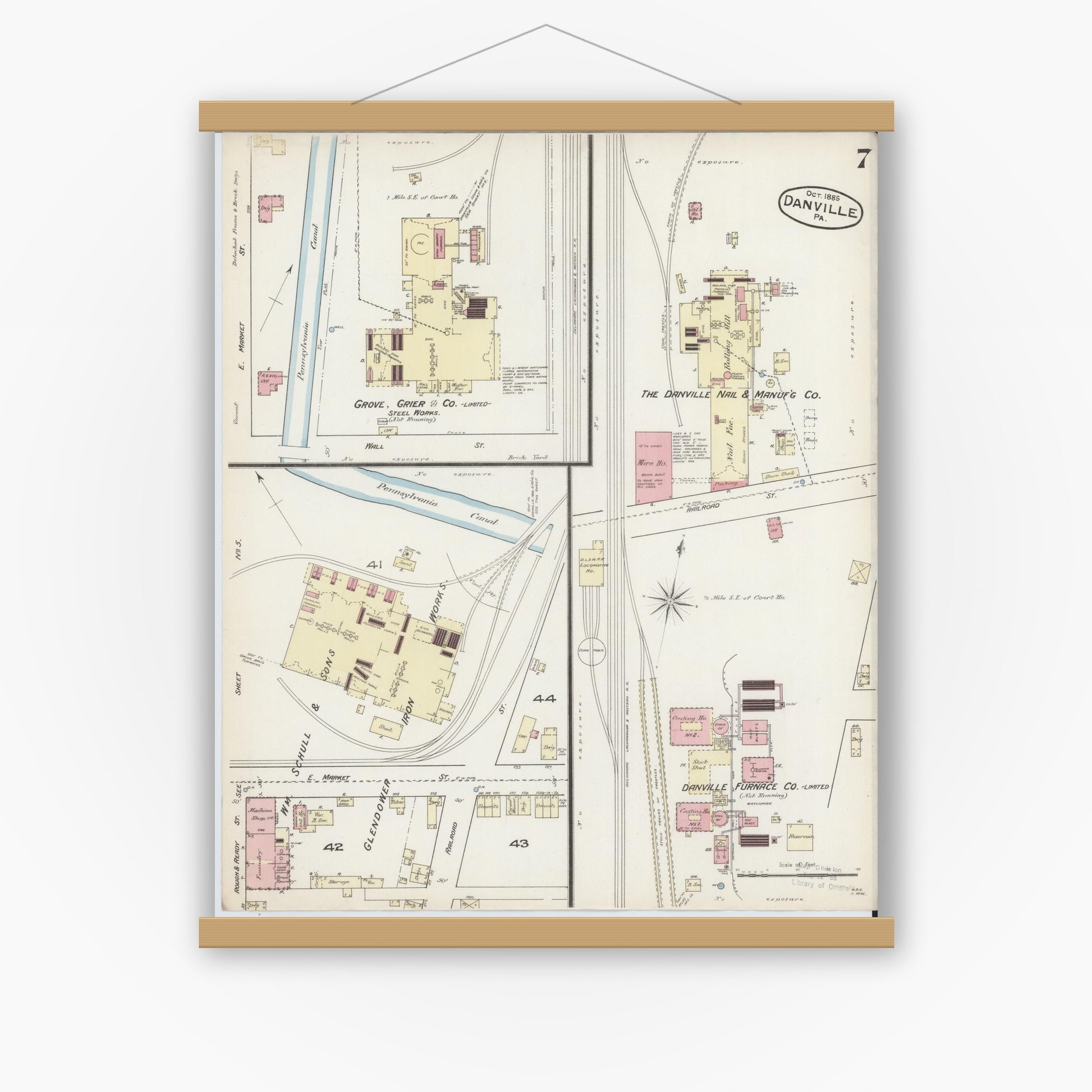 Old map wall art mockup — magnetic wood frame on white wall — Sanborn Fire Insurance Map from Danville, Montour County, Pennsylvania (1885), Sheet #0007