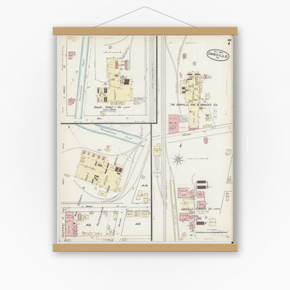 Old map wall art mockup — magnetic wood frame on white wall — Sanborn Fire Insurance Map from Danville, Montour County, Pennsylvania (1885), Sheet #0007