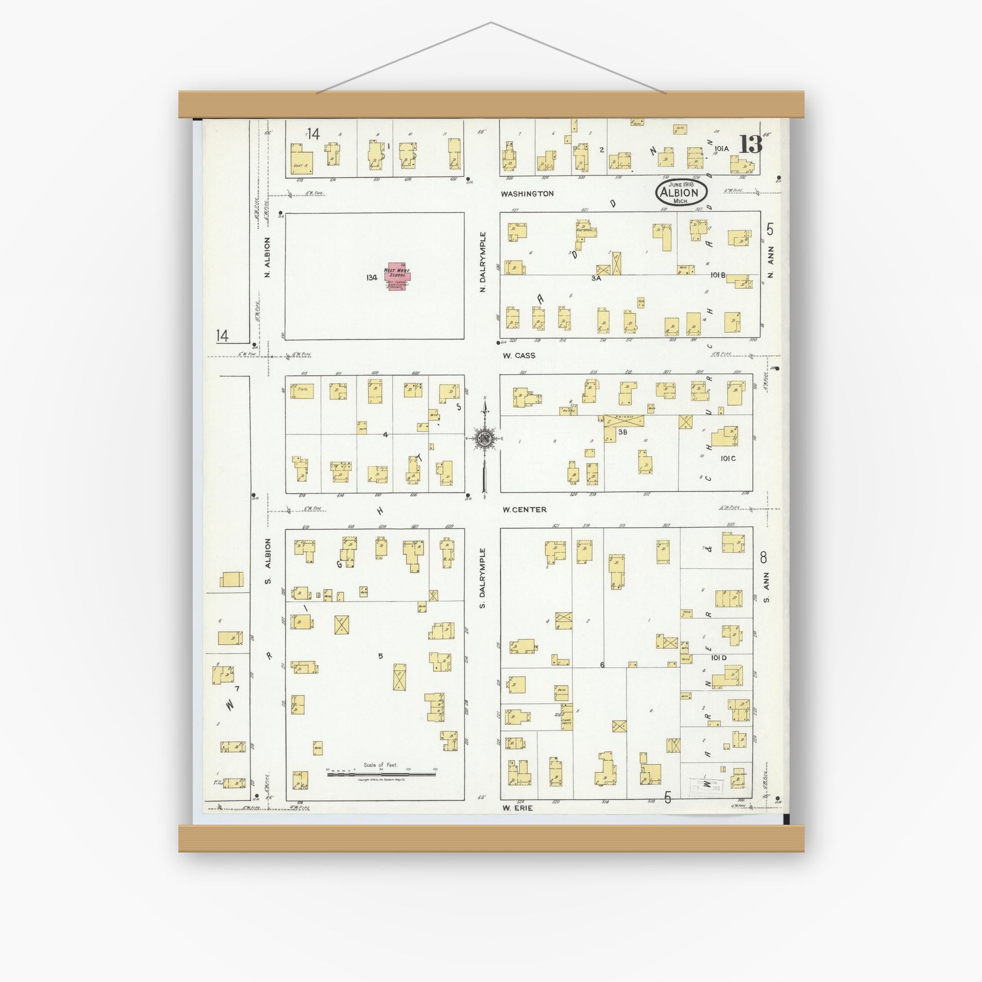 Old map wall art mockup — magnetic wood frame on white wall — Sanborn Fire Insurance Map from Albion, Calhoun County, Michigan (1918), Sheet #0013