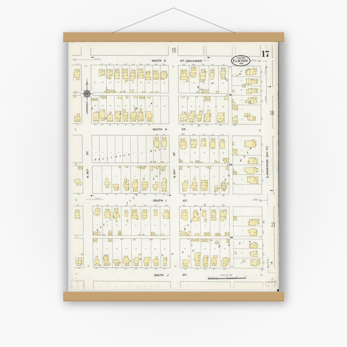 Old map wall art mockup — magnetic wood frame on white wall — Sanborn Fire Insurance Map from Elwood, Madison County, Indiana (1910), Sheet #0017