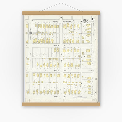 Old map wall art mockup — magnetic wood frame on white wall — Sanborn Fire Insurance Map from Elwood, Madison County, Indiana (1910), Sheet #0017