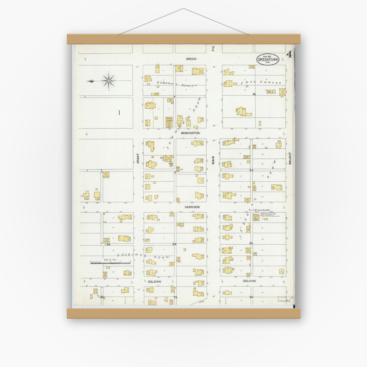 Old map wall art mockup — magnetic wood frame on white wall — Sanborn Fire Insurance Map from Greentown, Howard County, Indiana (1902), Sheet #0004