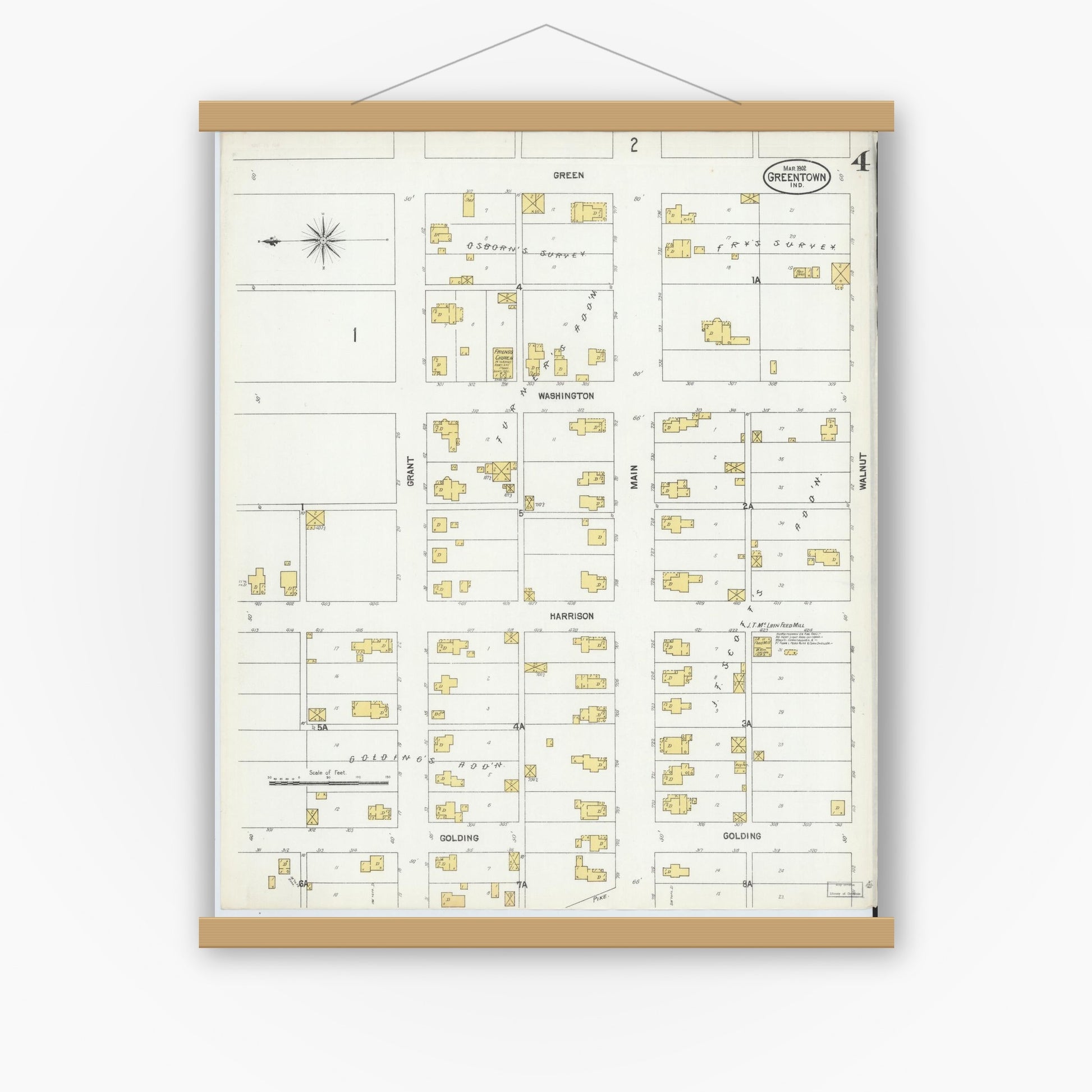 Old map wall art mockup — magnetic wood frame on white wall — Sanborn Fire Insurance Map from Greentown, Howard County, Indiana (1902), Sheet #0004