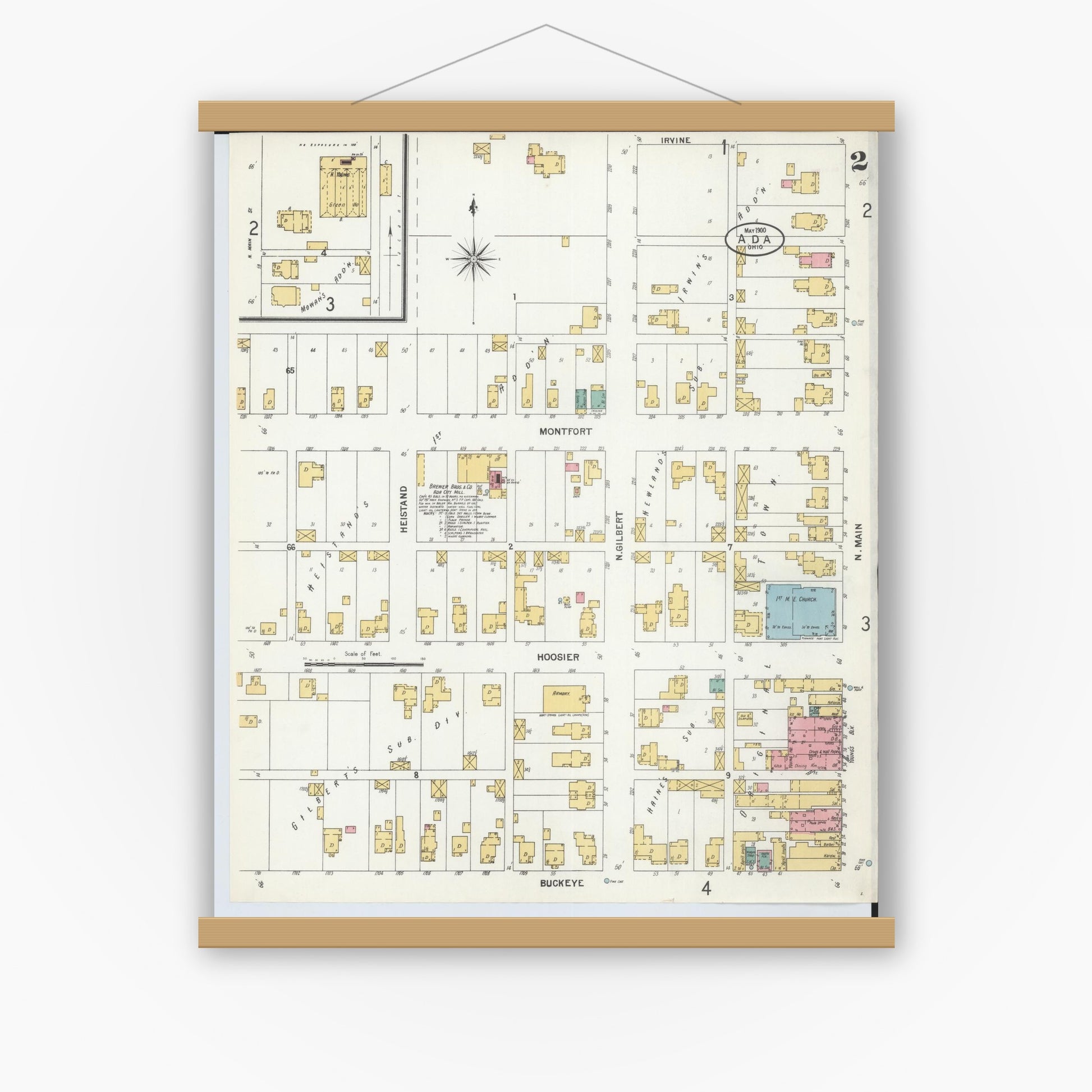 Old map wall art mockup — magnetic wood frame on white wall — Sanborn Fire Insurance Map from Ada, Hardin County, Ohio (1900), Sheet #0002