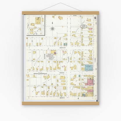 Old map wall art mockup — magnetic wood frame on white wall — Sanborn Fire Insurance Map from Ada, Hardin County, Ohio (1900), Sheet #0002