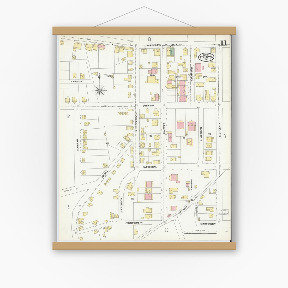 Old map wall art mockup — magnetic wood frame on white wall — Sanborn Fire Insurance Map from Staunton, Independent Cities, Virginia (1904), Sheet #0011