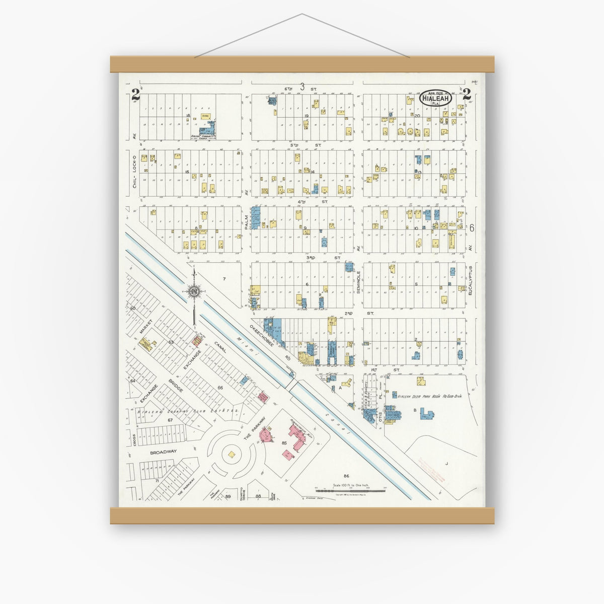 Old map wall art mockup — magnetic wood frame on white wall — Sanborn Fire Insurance Map from Hialeah, Dade County, Florida (1926), Sheet #0002