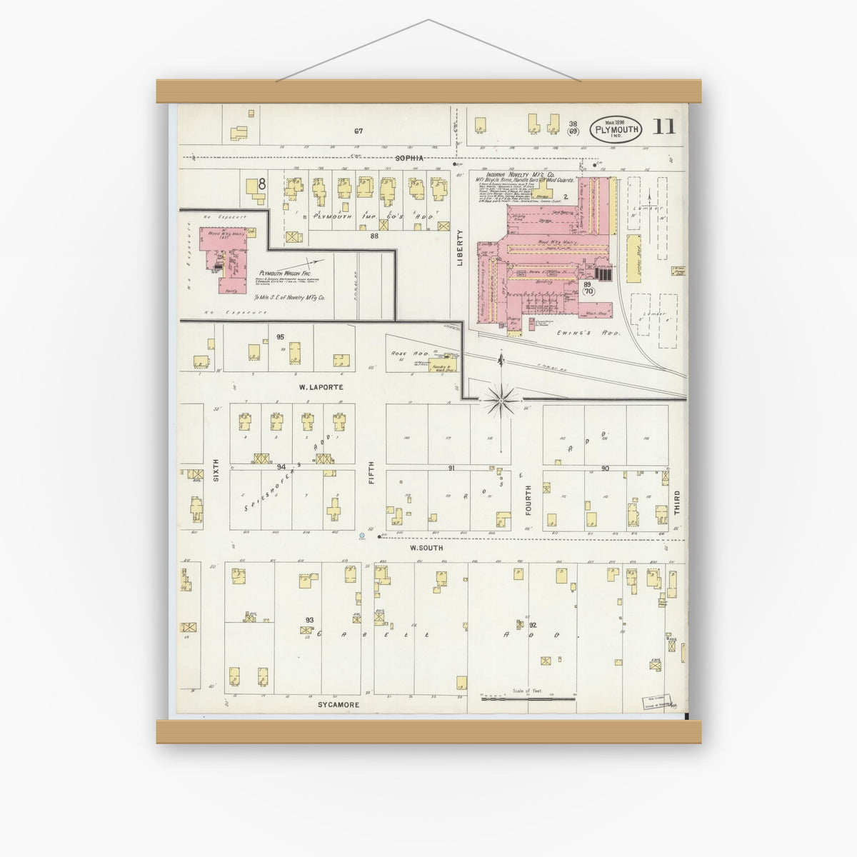 Old map wall art mockup — magnetic wood frame on white wall — Sanborn Fire Insurance Map from Plymouth, Marhshall County, Indiana (1898), Sheet #0011