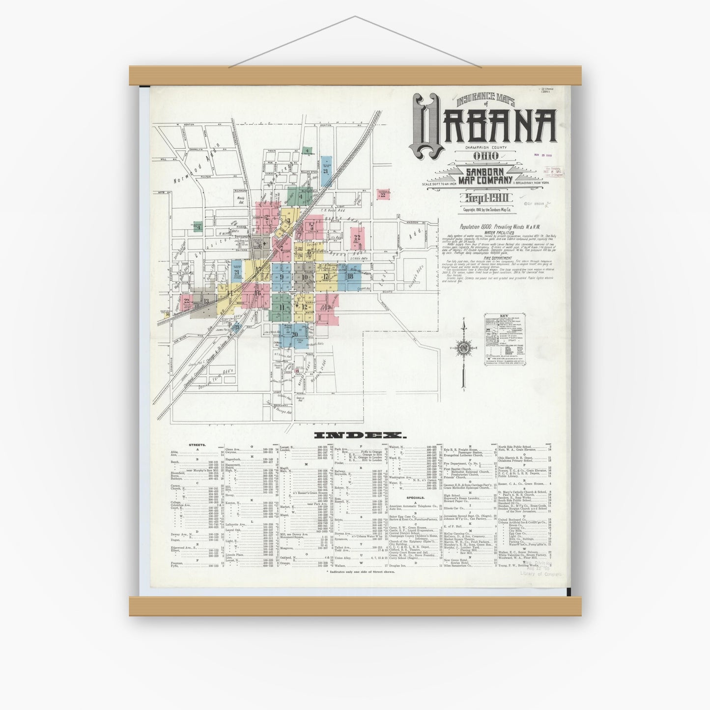 Old map wall art mockup — magnetic wood frame on white wall — Sanborn Fire Insurance Map from Urbana, Champaign County, Ohio (1910), Sheet #0001