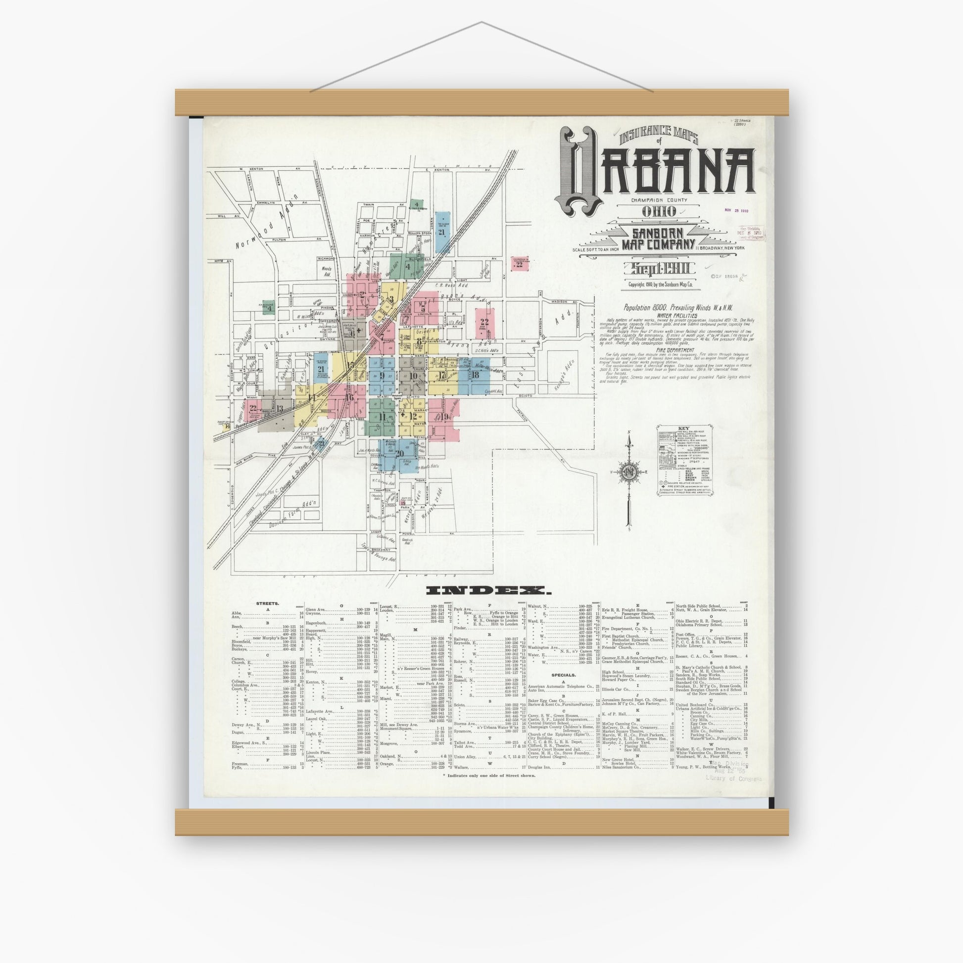 Old map wall art mockup — magnetic wood frame on white wall — Sanborn Fire Insurance Map from Urbana, Champaign County, Ohio (1910), Sheet #0001
