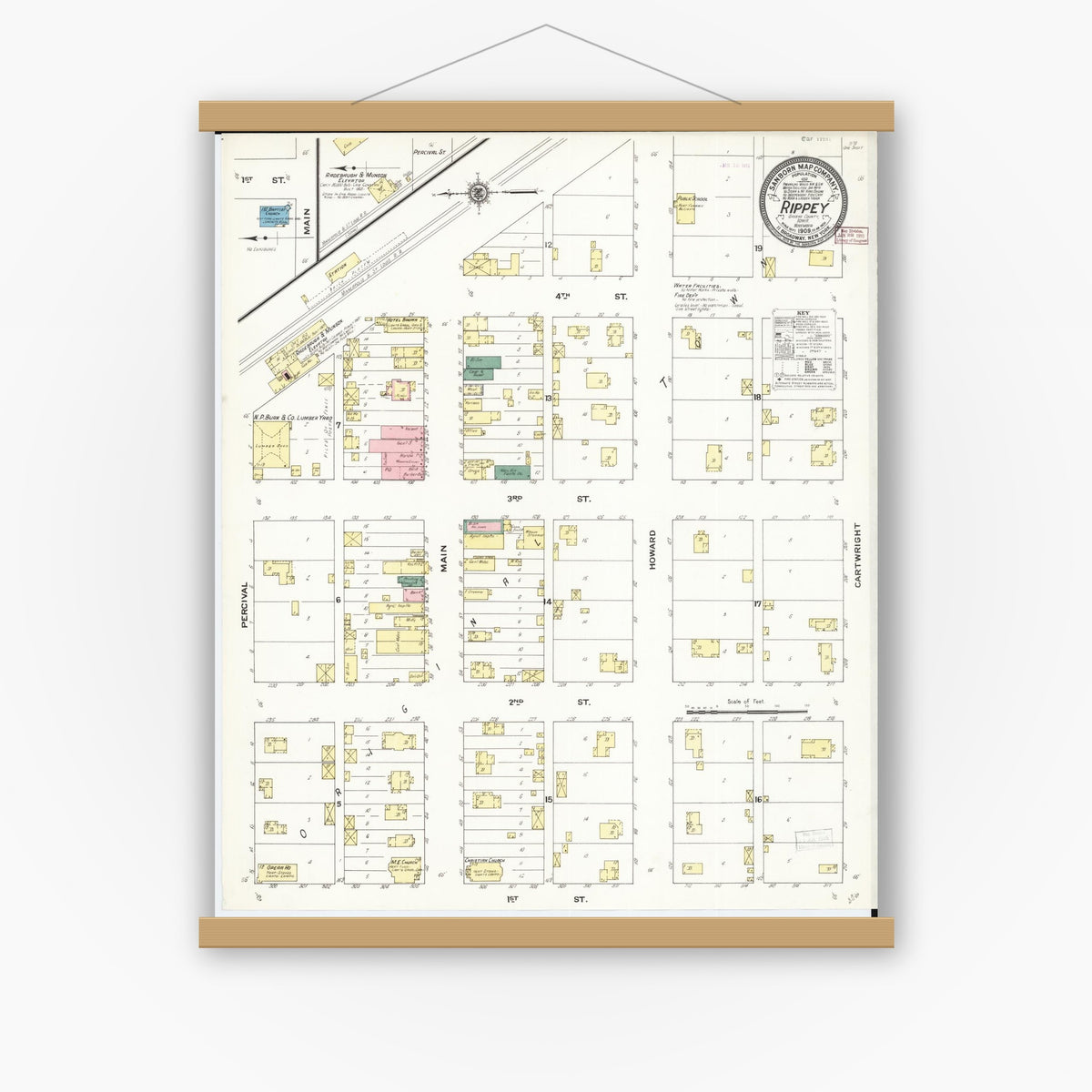 Old map wall art mockup — magnetic wood frame on white wall — Sanborn Fire Insurance Map from Rippey, Greene County, Iowa (1909), Sheet #0001