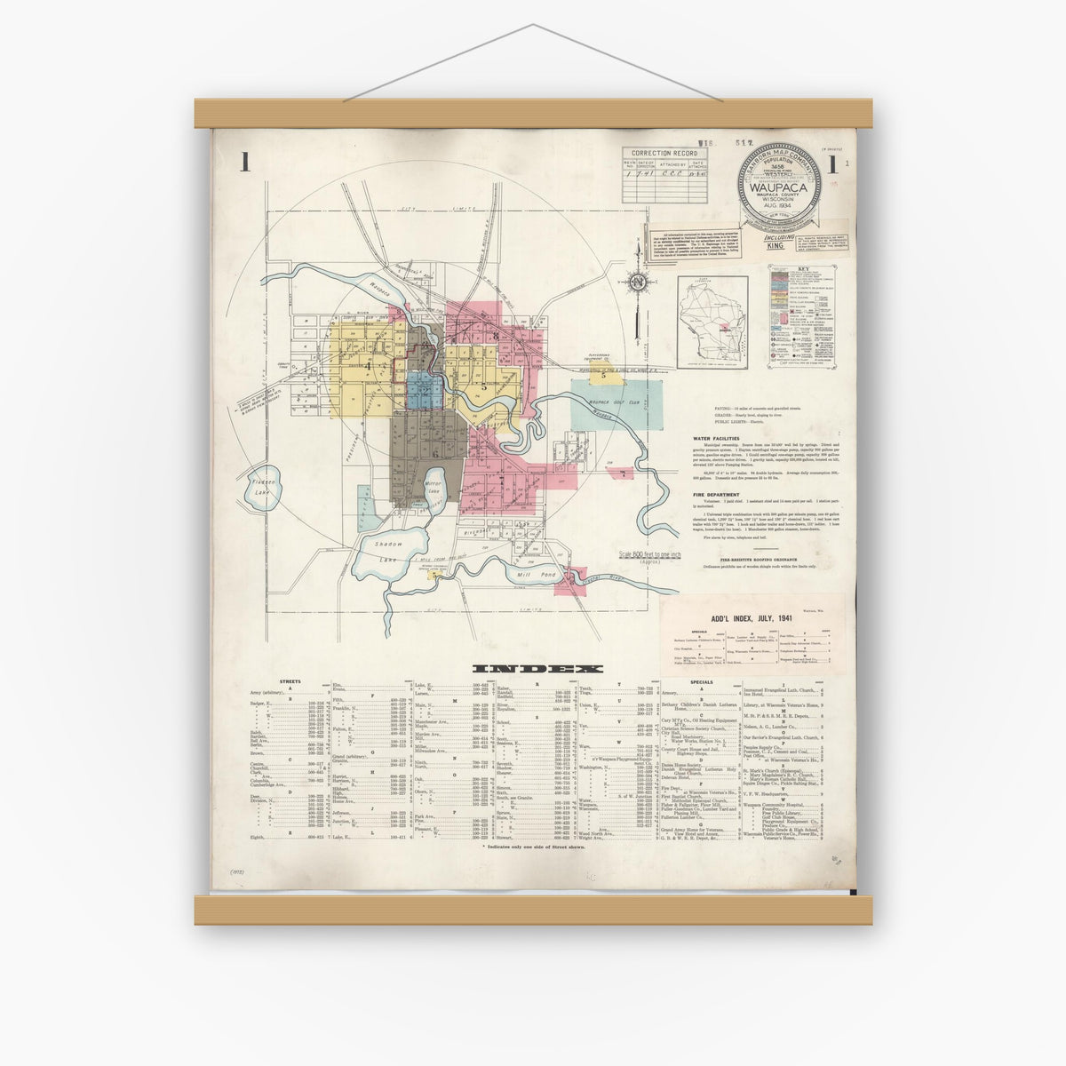 Old map wall art mockup — magnetic wood frame on white wall — Sanborn Fire Insurance Map from Waupaca, Waupaca County, Wisconsin (1941), Sheet #0001