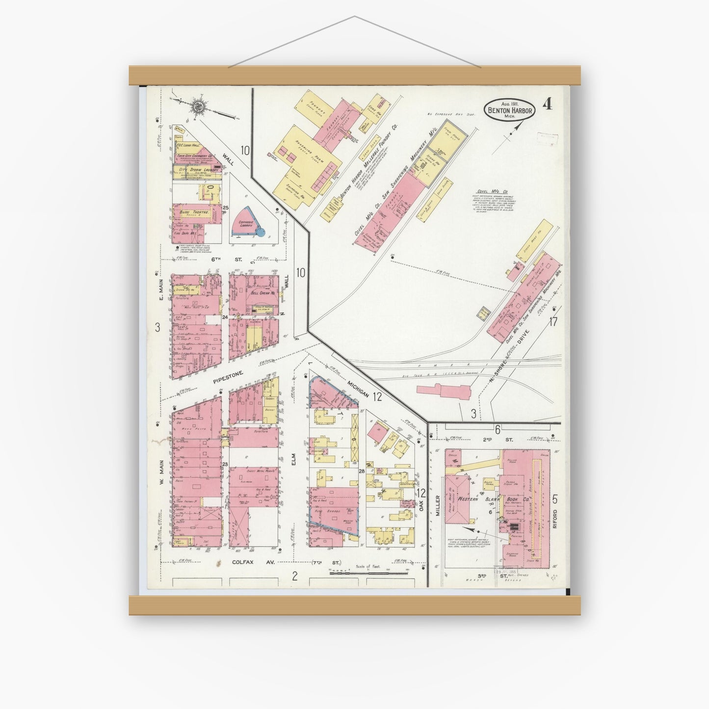 Old map wall art mockup — magnetic wood frame on white wall — Sanborn Fire Insurance Map from Benton Harbor, Berrien County, Michigan (1911), Sheet #0004