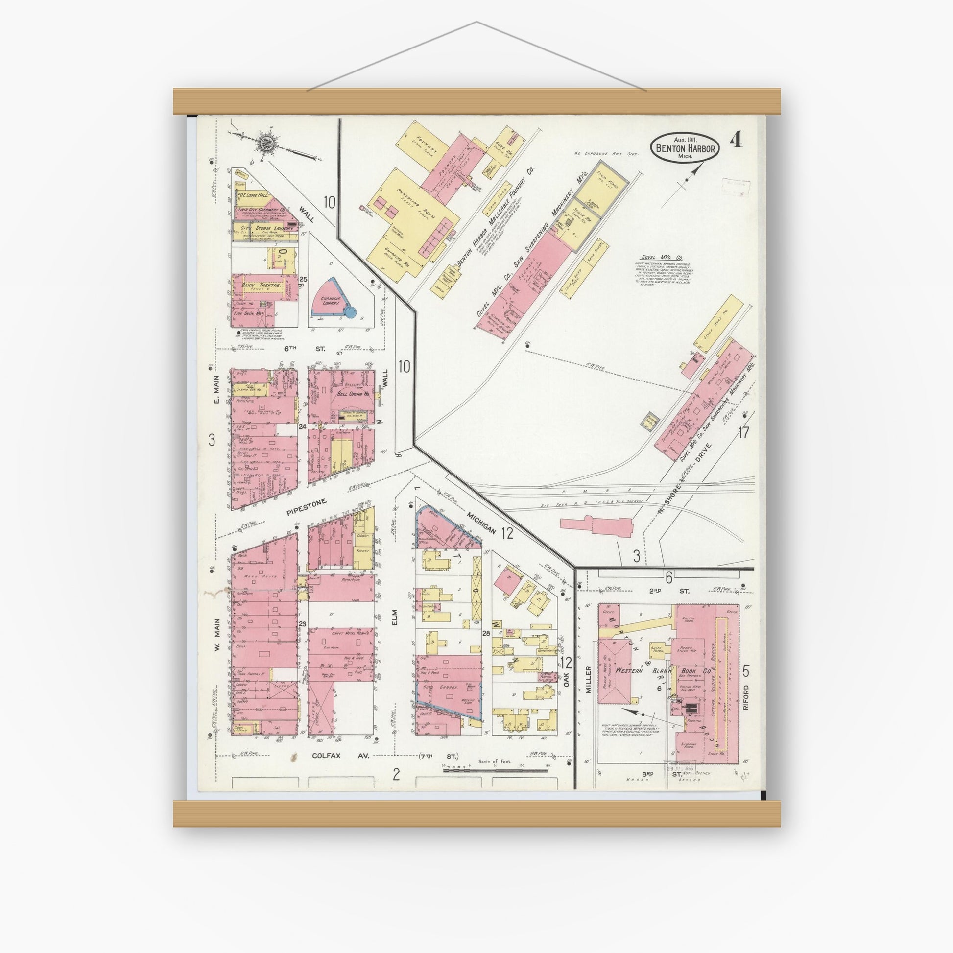 Old map wall art mockup — magnetic wood frame on white wall — Sanborn Fire Insurance Map from Benton Harbor, Berrien County, Michigan (1911), Sheet #0004